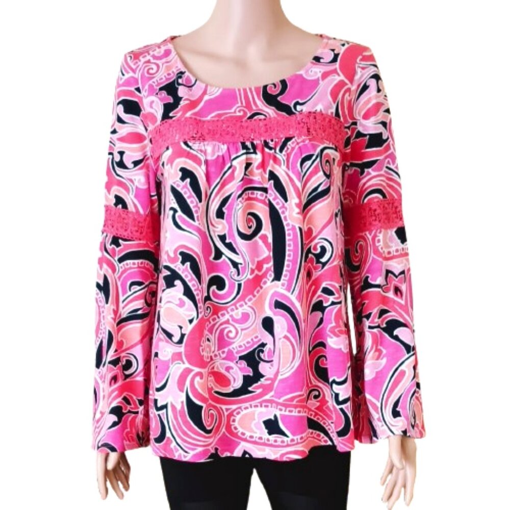 Paisley Pink Black Boho Top M Bell Sleeves with Crochet Trimmed Blouse.